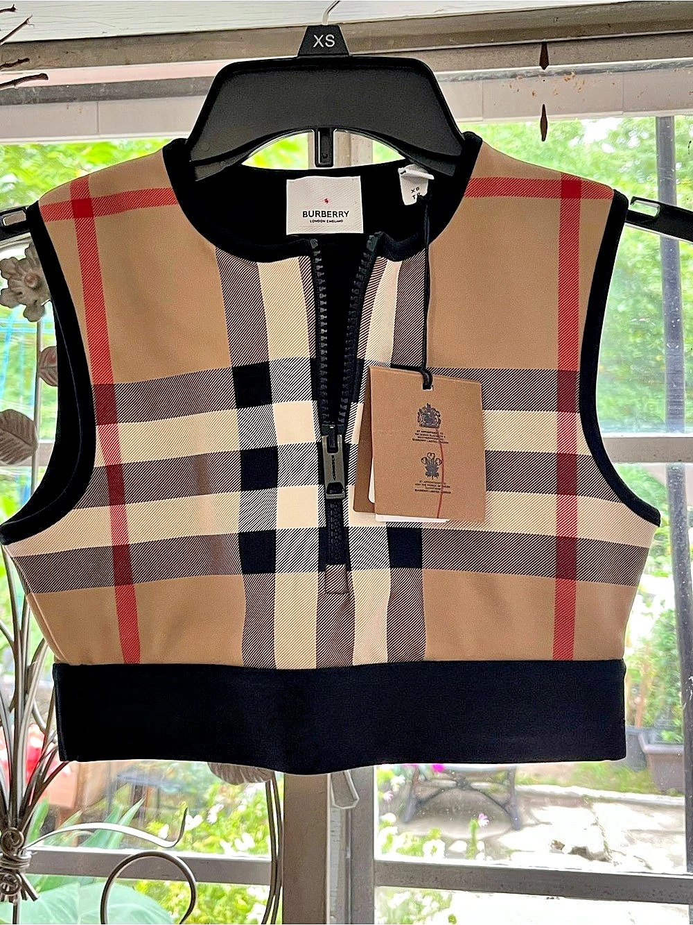 Burberry Vintage Check Stretch-Jersey Zip Crop Top Brown & Black XS